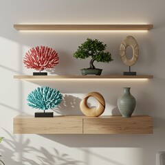Shelves with Ornaments Decorative Objects on Light Wooden Shelves with Bonsai, Wood Sculptures and Coral Decor