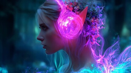 Elf girl with pointed ears, glowing liquid-like headphones, and a floral crown, illuminated in ethereal neon light. - Powered by Adobe