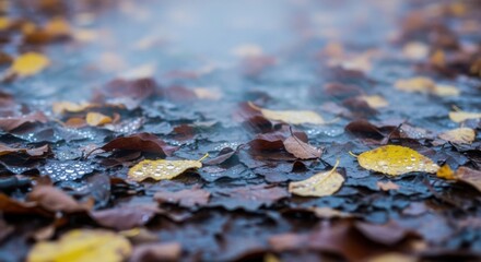 Autumn leaves with dew drops on wet ground in seasonal transition scene for nature design and backgrounds