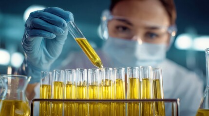 Scientist in protective gear conducting laboratory research with yellow chemical solutions in test tubes, analyzing samples in modern scientific facility