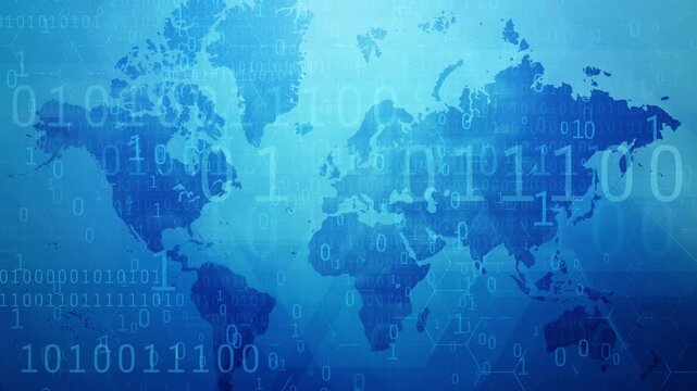 Animated digital background of a world map overlay with rapidly flowing and changing binary code, representing high-speed global data transfer, networking, digital communication, cloud computing