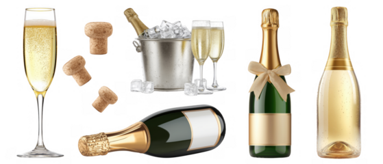 Champagne, flutes, corks, and ice for celebration, AI, PNG