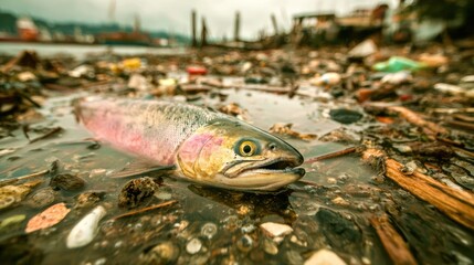 Dying salmon fish lying on polluted riverbank surrounded by industrial waste and debris showcasing environmental destruction and water contamination affecting wildlife habitat