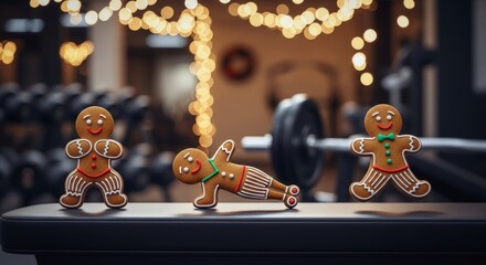 Gingerbread cookies exercising in festive gym scene