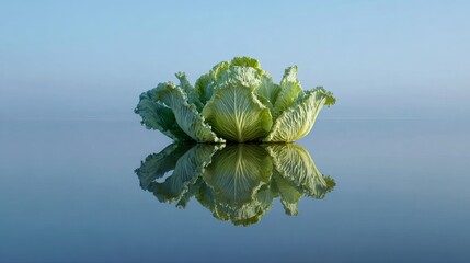 Vibrant green cabbage floating serenely on calm water, creating a beautiful symmetrical reflection under a clear blue sky