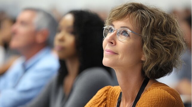 Enthusiastic woman at seminar, inspired and hopeful, engaging with colleagues in the background.