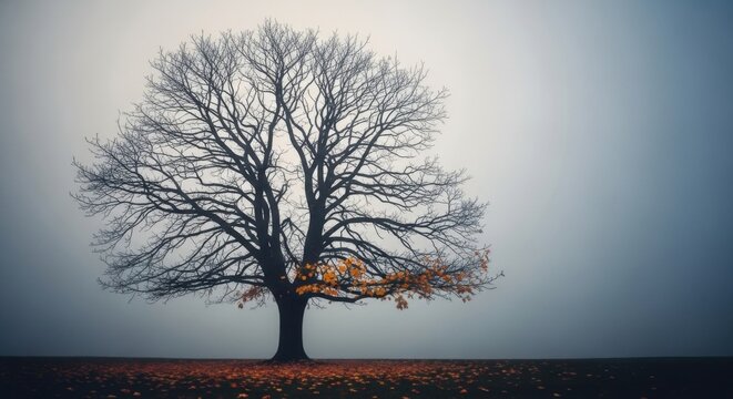 End of autumn scenery with bare tree and fallen leaves in a misty landscape for nature posters