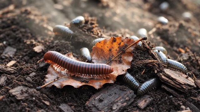 Macro close-up of a brown millipede crawling on a decaying leaf. A group of small arthropods in their natural soil habitat. Wildlife and decomposition concept
