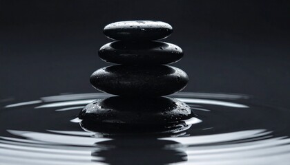 Stacked black stones in shallow water with ripples and dark background