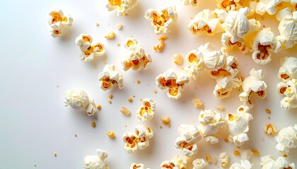 Scattered popcorn kernels lie on a white surface, creating a simple yet appetizing composition with a focus on texture and detail.