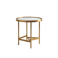 Modern, round side table featuring a marble top and gold metal legs