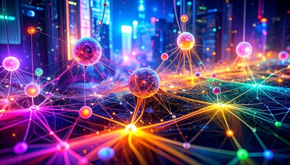 A conceptual illustration of Abstract neural network visualization with interconnected nodes and pathways for deep learning on dark background