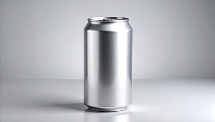 Plain aluminum can on light surface with neutral background