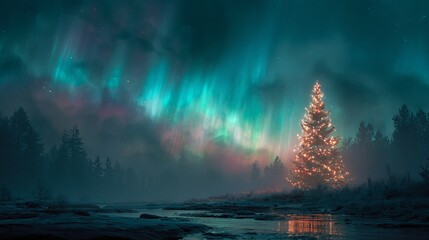 Magical winter wonderland scene with a glowing Christmas tree under vibrant aurora borealis sky