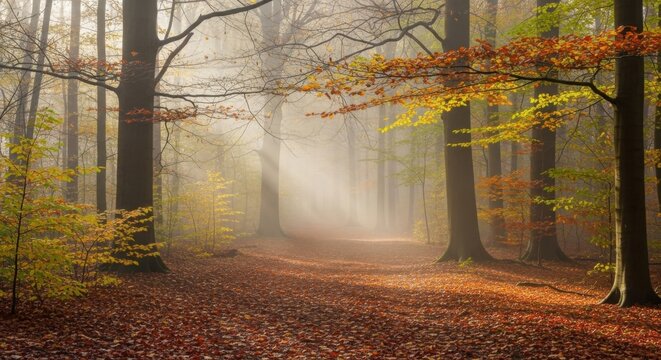 Tranquil autumn forest path with sunlit trees and vibrant foliage - Powered by Adobe