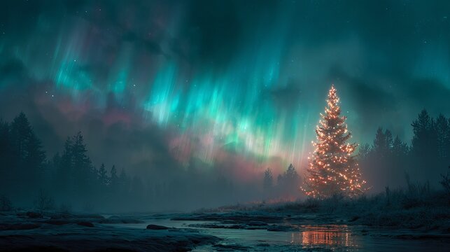 Magical winter wonderland scene with a glowing Christmas tree under vibrant aurora borealis sky