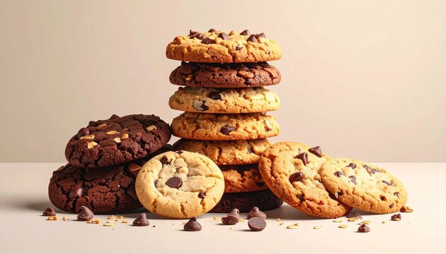 Assorted cookies stacked in columns on beige background