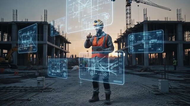 Advanced technology enables construction professional wearing safety gear to interact with holographic digital blueprints, visualizing complex engineering schematics on active worksite