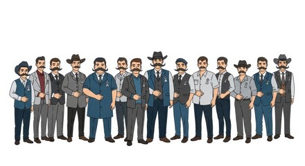 Movember celebration for men’s health awareness featuring diverse group of men with mustaches in traditional attire
