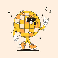 Funky disco ball mascot in retro style. Vector illustration for party flyers, event promotions, club branding