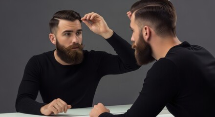 Movember concept with bearded man checking hair in mirror for men's health awareness