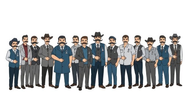 Movember celebration for men’s health awareness featuring diverse group of men with mustaches in traditional attire - Powered by Adobe