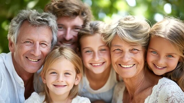 Multi-generational family portrait in garden, smiling grandparents and children, bright daylight, family unity, heritage and tradition, love and happiness, authentic group portrait