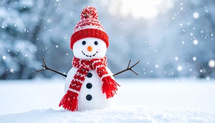 Obraz premium Cheerful snowman with red hat and scarf in snowy forest with falling snow
