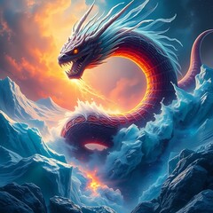 The Chaos-Serpent SHATTERING structure into cascading glaciers of frozen entropy that detonate releasing rivers of visible disorder illuminated by order's bright luminescence, dynamic visionary art