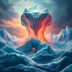 The Chaos-Titan IMPLODING disorder into oceanic depths of crystallized entropy solidifying upward as glaciers of tangible chaos glowing with order's cold radiance, dynamic visionary drama