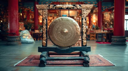 Ornate golden gong suspended in traditional Asian temple with rich red columns and intricate carved decorations, displaying cultural heritage and ceremonial atmosphere