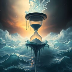 The Time-Unraveler SHREDDING chronology into floating hourglass oceans dripping upward into black holes, dreamlike temporal painting