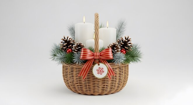 A 3D festive Christmas wicker basket with two white candles, pine cones, and a red ribbon on a white background.