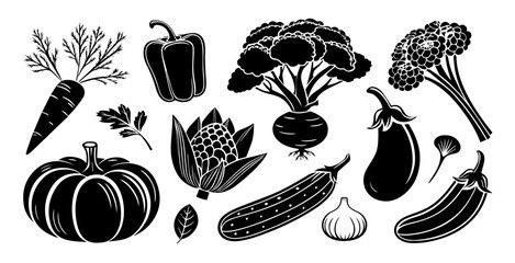 Vegetable Icons &ndash; Monochrome Silhouette Illustrations of Bell Pepper, Broccoli, Carrot, and More