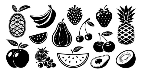 Black and White Fruit Icons &ndash; Minimalist Flat Vector Silhouettes