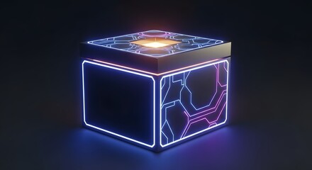 A 3D mysterious glowing sci-fi cube with luminous neon circuit patterns on a dark background. Christmas Theme
