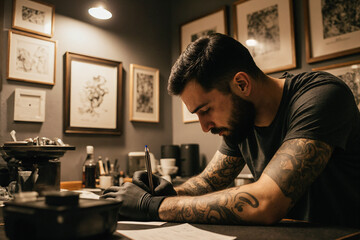 Tatuador diseñando un nuevo boceto en su estudio