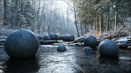 Mysterious large stone spheres emerge from a frozen winter stream surrounded by snow-laden evergreen forest