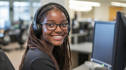 Smiling young professional with headset and glasses assisting customers at a modern call center desk, radiating helpfulness and positive energy