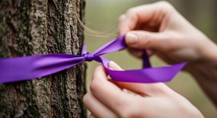 Purple ribbon tied around tree for international day for the elimination of violence against women awareness