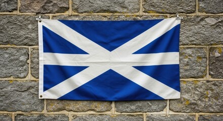 St. andrew's day celebration with scottish flag on historic stone wall for cultural and festive design