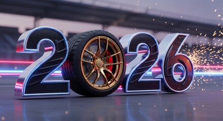 The year 2026 is depicted with large metallic numbers featuring a tire as the number two with glowing neon lights and sparks in the background wheel car automotive futuristic