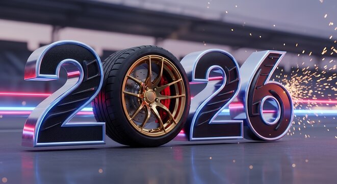 The year 2026 is depicted with large metallic numbers featuring a tire as the number two with glowing neon lights and sparks in the background wheel car automotive futuristic