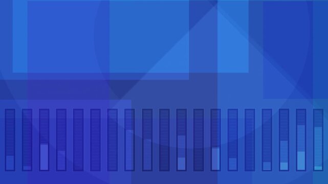 Modern digital display featuring a visual audio equalizer or financial performance meter pattern and overlapping semi-transparent squares, triangles, and circular shapes on a blue gradient.