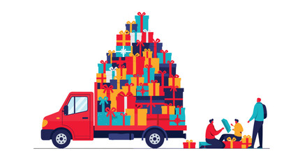 Red delivery truck overloaded with colorful gift boxes for holiday season.