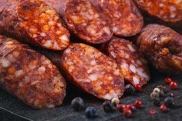 Detail of traditional Spanish sausage Fuet Salami on wooden background