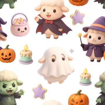 Cute 3D Halloween sheep characters in pastel colors seamless pattern
