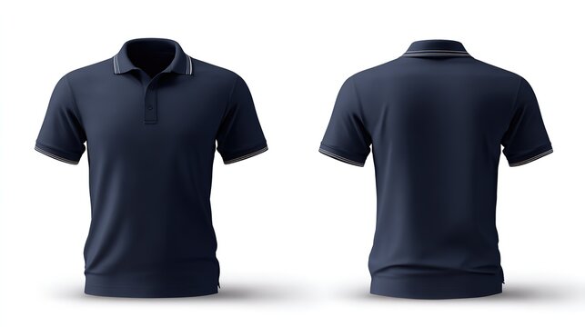 Navy blue polo shirt with striped collar and cuffs, front and back view, on white background, copy space.