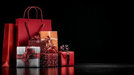 Elegant stack of festive holiday gifts and shopping bags in rich red and gold tones, perfect for celebrations and special occasions.