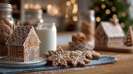 Fototapeta premium A charming gingerbread house and snowflake cookies sit on a festive table with milk and sparkling Christmas lights, evoking feelings of a warm holiday season